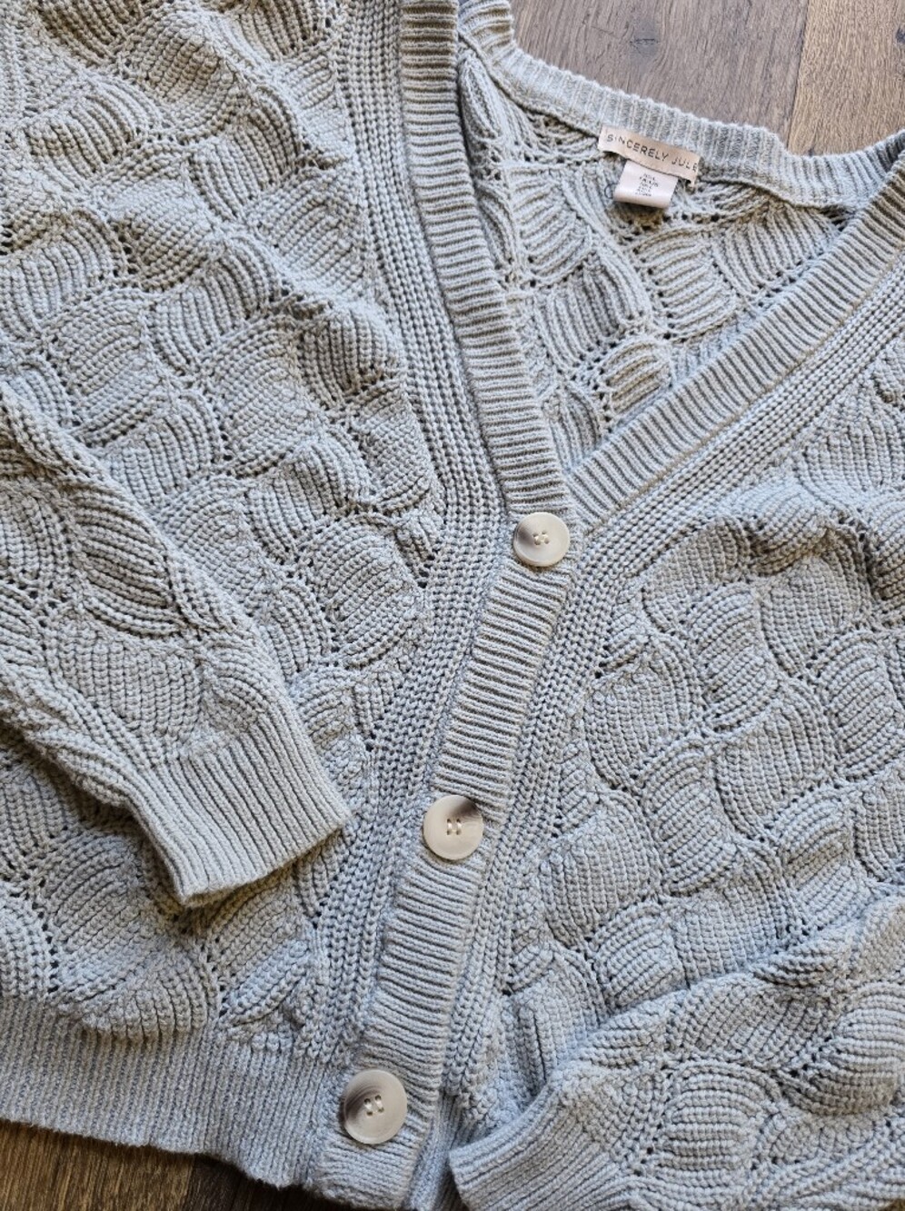 Sincerly Jules Light Blue Crochet Knit Button-Front Sweater - Picture 2 of 5